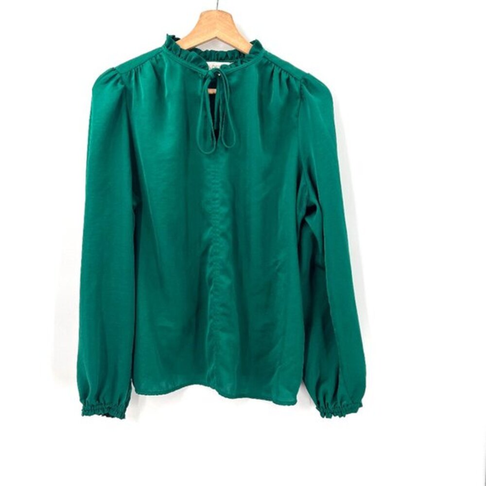 LOFT holiday green blouse high tie neck‎ balloon sleeve christmas top flowy M